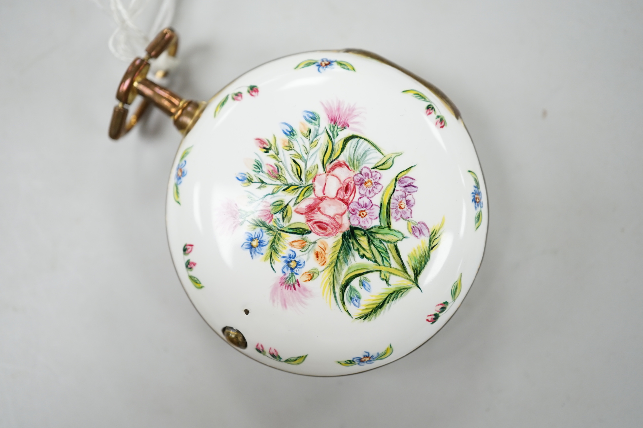 A 19th century gilt metal and polychrome enamel pair cased keywind verge pocket watch by Rigly, Roe & Newcomb of London, case diameter 52mm.